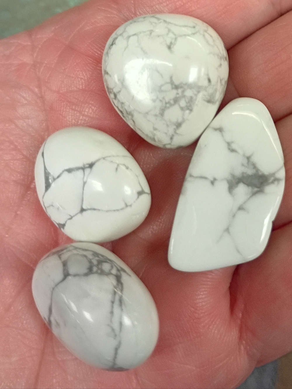 4 Polished White Howlite Tumbled Stones - Veined Healing Gemstones